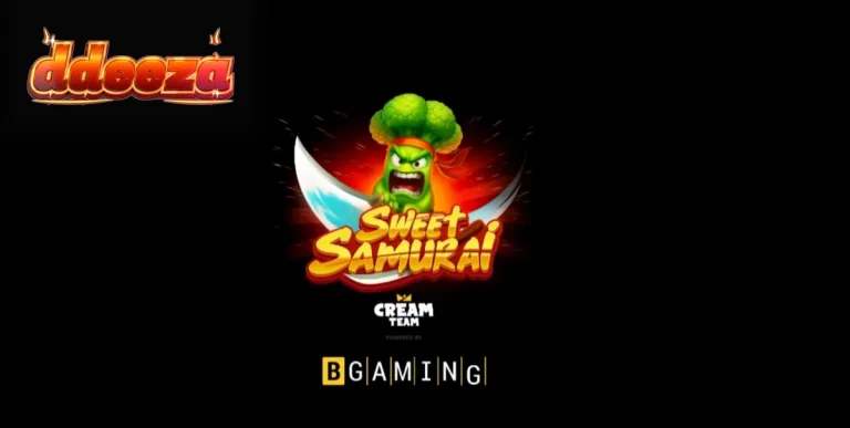 Samurai Brokoli berdiri di depan gulungan slot Sweet Samurai yang penuh dengan simbol buah berwarna-warni.